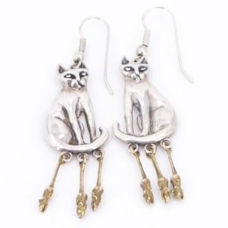 Vtg Sterling Silver & Brass Accent Signed Drs Kitty Cat Mice Dangle Earrings 7g