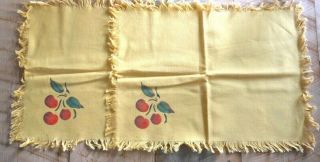 2 Vintage Linen Napkins Cherry Yellow Kitschy Mid Centry Style Fringe Placemats
