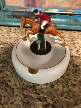 Vintage Ashtray Jockey On Horse Metal With Glass And Gold Trim