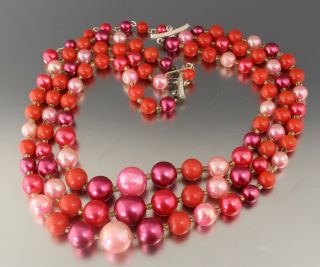 Vintage 50’s Multi 3 Strand Purple & Orange Faux Pearl Bead Necklace Japan