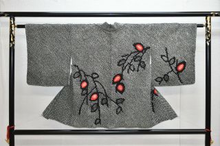 Vintage Silk Kimono Jacket:fully Shibori Black & Red Willow@yi63