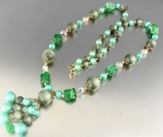 Vintage 50’s Long Green Moon - Glow & Crystal Glass Bead Pendant Necklace