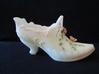 Vintage Fenton Glass Hand Painted Large Shoe With Applied Flowers & Swans Signed