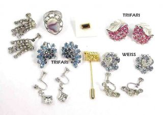 6 Vintage Pr Rhinestone Earrings,  Ring 2 Pins 2 Trifari 1 Coro Pink Blue Clear