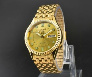 VINTAGE SEIKO 5 AUTOMATIC 17 JEWEL GOLD PLATED CASE DAY DATE MEN ' S WRIST WATCH 3