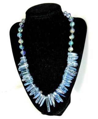 Vintage Necklace Sky Blue Aurora Borealis Glass Silver Closing