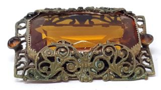 Vintage Yellow Amber Glass Brass Rectangular Art Deco Brooch
