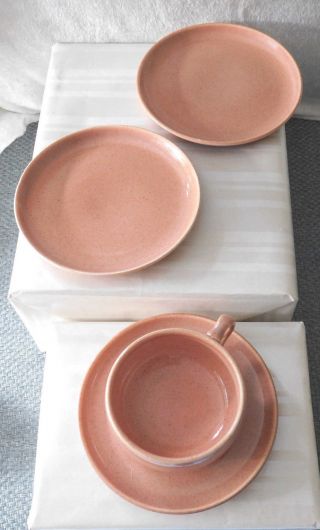 Vtg Russel Wright Coral Mid Century Pottery Cup,  Saucer And Two Dessert -