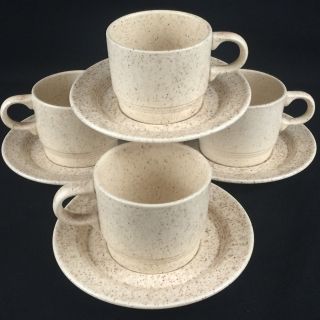 Set Of 4 Vtg Cups And Saucers Homer Laughlin Speckled Oatmeal Wheat Hlc218 Usa