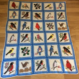 Vtg Handmade Granny Crochet Blanket Bird Squares Afghan Throw 73 " X 58 "
