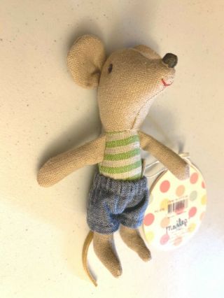 Maileg Vintage Mouse With Red Smile,  Older Style Arms,  Linen Ears
