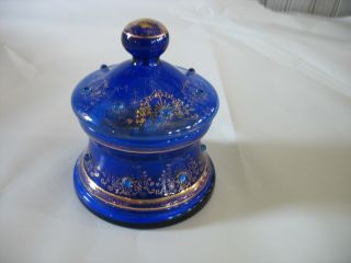 Vtg Bohemian Glass 5 " Tall Cobalt Blue Powder Jar With Jewels & Gold Accents