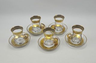 Lux Tea Set Clear Glass With 24 Kt.  Gold Trim Hand Made And Cut Set - 5 Vintage