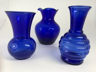 Set Of (3) Vintage Cobalt Blue Depression Glass Vases Plain & Beehive