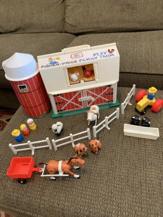 Vintage 1967 Fisher Price Play Family Farm Set With Silo & Accessories