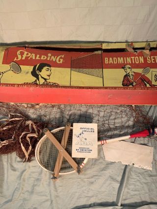 Vintage 1950s Spalding Badminton Set 4 Rackets Poles Shuttlecocks Net