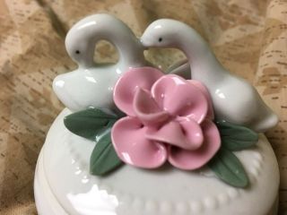 Porcelain Swans And Flowers Trinket Box Vintage