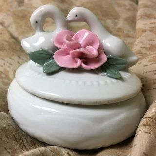 Porcelain Swans and Flowers Trinket Box VINTAGE 2