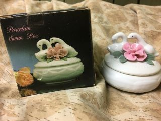 Porcelain Swans and Flowers Trinket Box VINTAGE 5