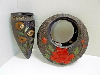 Vtg Pair Japan Tokanabe Art Pottery Wall Pockets Planters 1920s - 30s Round & Cone