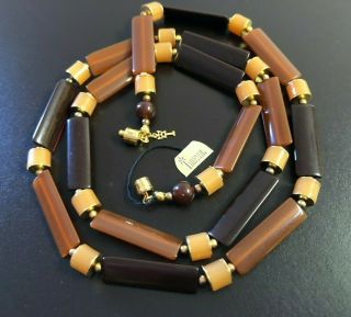 Vintage Crown Trifari Necklace Mod Flat Slender Lucite Beads Brown Gold Amber