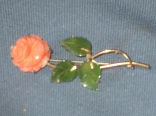 Vintage Signed Krementz Gold - Tone Metal Jade & Coral Rose Flower Pin Brooch