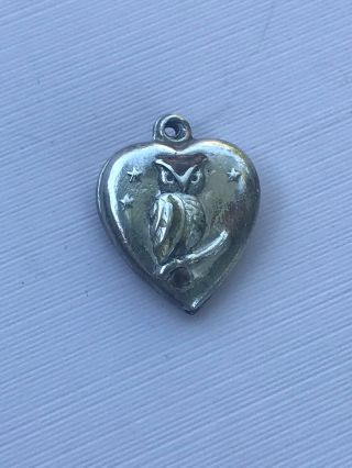 Vintage Sterling Silver Repousse Enamel Puffy Heart Charm Owl