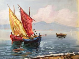 Vintage Signed Oil Painting Mediterranean Shore With 2 Sailboats 16” Unframed