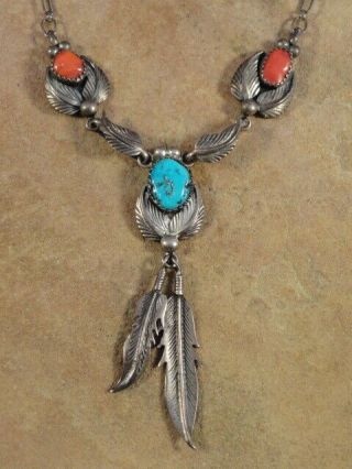 Vintage Pawn Hand Made Navajo Sterling Silver Turquoise & Coral Feather Necklace