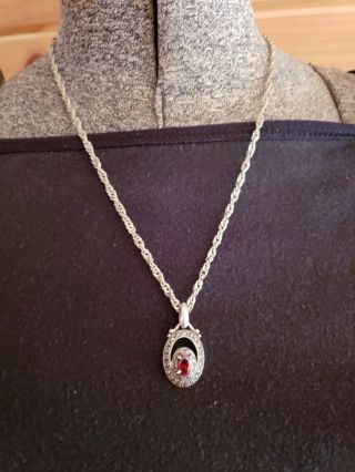 Vintage Sterling Silver Marcasites And Red Stone Pendant Necklace Estate