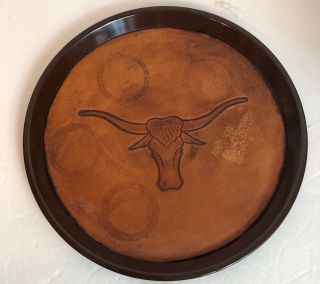 Vintage Round Plastic Serving Tray 11” Leather Longhorn Etching Keyes Fiber Co.