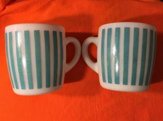 Vintage Hazel Atlas Turquoise Candy Striped Milk Glass Coffee Mug / Cup D - 10 2