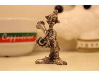 Miniature Pewter Clown Figurine W/ Red Painted Nose And Playing Horn Rustic Vtg