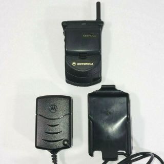 Vintage Motorola Star Tac Cell Phone Flip Phone W Case Belt Clip Charger