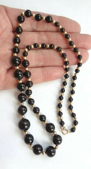 Vintage 18 " Solid 14k Yellow Gold Black Onyx Bead Necklace Not Scrap