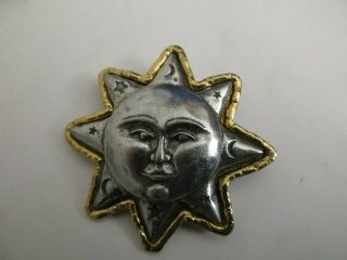 Vintage Signed Jj Jonette Celestial Sun Moon Stars Pewter & Golden Brooch Pin