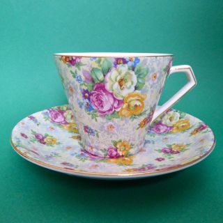 Lord Nelson Rose Time Tea Cup Saucer Floral Chintz Conical Art Deco England Vtg