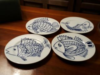 Set Of 4 Vintage Fitz & Floyd Les Fish In Glaze Blue Snack Plates 70 