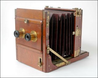 English Half Plate Wood & Brass Tailboard Stereo Camera - Tropical