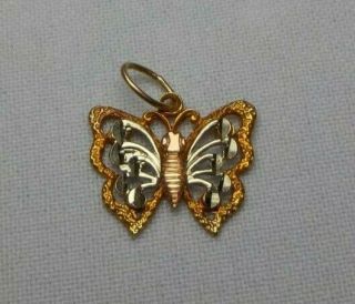 Vintage 14k Solid Tri Colored Gold Filigree Butterfly Pendant Charm