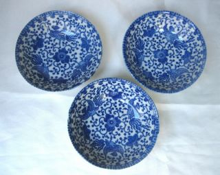 (3) Vintage Phoenix Bird China Blue And White 5 - 1/2 " Dessert Bowls Made In Japan