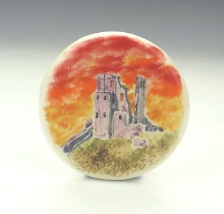 Vintage Poole Pottery Hand Painted Corfe Castle Badge Or Brooch - Unusual