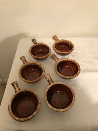 6 Vintage Hull Brown Drip Handled French Onion Soup Chili Bowls
