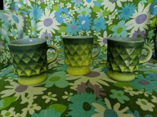 Three Vintage Fire King Green Kimberly Coffee Cups Mugs 2