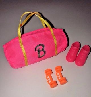 Barbie Gymnastics Accessories Shoes Gym Bag Weights Set 1996 Olympics Neon Pink