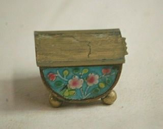 Vintage Brass Cloisonne Mini Footed Hinged Trinket Pill Box W Floral Designs