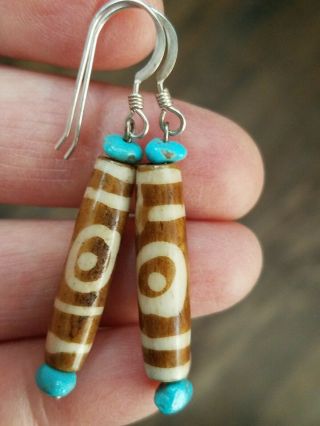 Vintage Sterling Silver Dzi Beaded Earrings With Turquoise
