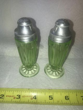 Vintage Salt And Pepper Shakers Green Depression Glass Aluminum Tops Design