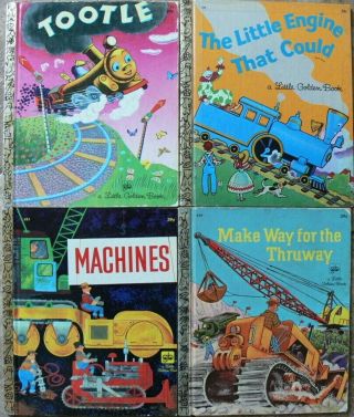 4 Vintage Little Golden Books Machines,  Ake Way For The Thruway,  Little Engine
