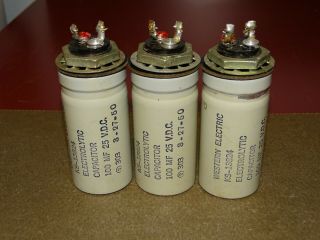 3 Western Electric Ks 13824 Filter Capacitors,  100 Mfd,  25 Vdc,  Good